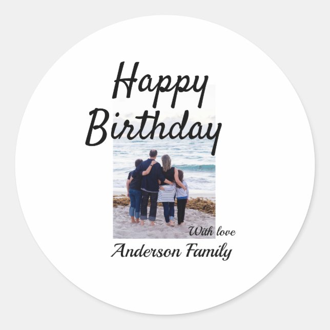 Adesivo Feliz aniversário foto familia nome elegante class (Frente)