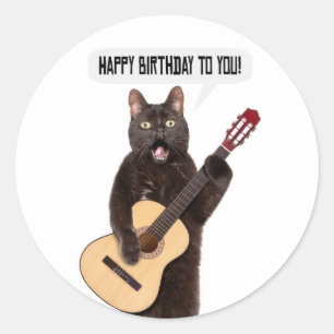 Adesivo Feliz Aniversário Gato Cantando e Tocando Guitarr