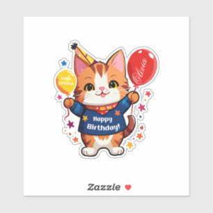Adesivo Feliz Aniversário Gato Com Balão Vermelho