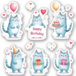 Adesivo Feliz Aniversário - Gatos Azuis - Presentes De Bal