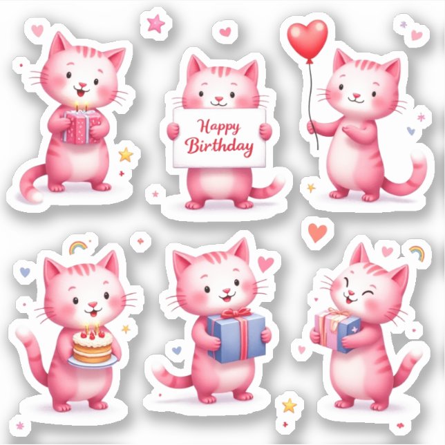 Adesivo Feliz Aniversário - Gatos Rosa - Gatos De Balões D (Frente)