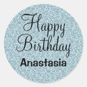 Adesivo Feliz Aniversário Glam Azul Prata Brilho Faíscas