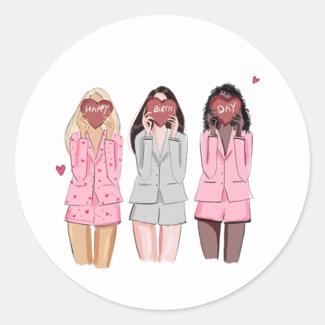 Adesivo Feliz aniversário ilustra garotas rosa (Frente)