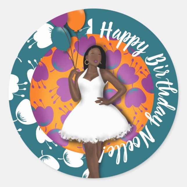 Adesivo Feliz aniversário! Mulher Negra, Balões e Flores (Frente)
