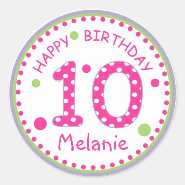 Adesivo Feliz aniversario número 10 das bolinhas do rosa (Frente)