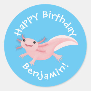 Adesivo Feliz aniversário personalizado do axolotl branco 