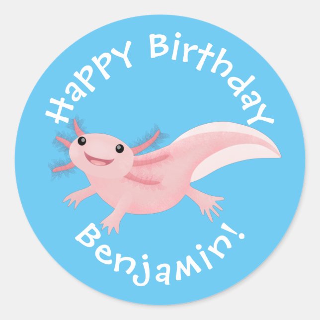 Adesivo Feliz aniversário personalizado do axolotl branco  (Frente)