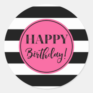 Adesivo Feliz Aniversário, Pink Black White Stripes