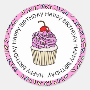 Adesivo Feliz Aniversário Pink e Vanilla Cupcake