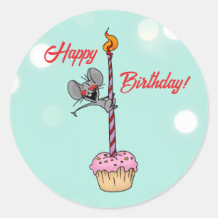 Adesivo Feliz Aniversário Rato com Bolo e Vela