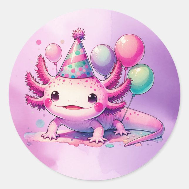 Adesivo Feliz Aniversário, Rosa e Roxo Axolotl (Frente)
