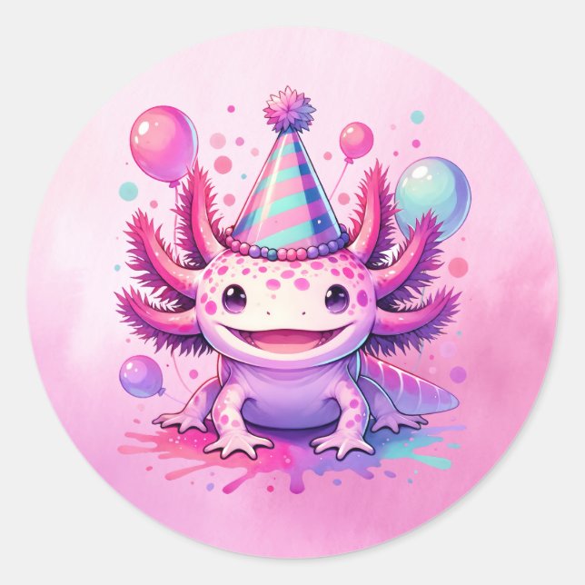 Adesivo Feliz Aniversário, Rosa e Roxo Axolotl (Frente)