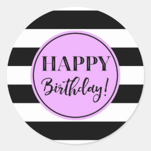 Adesivo Feliz Aniversário, Roxo, Listras Brancas Pretas