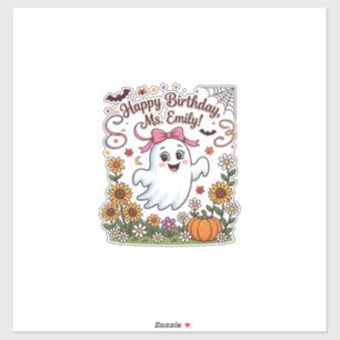 Adesivo Feliz Aniversário Sra Emily Fantasma de Halloween