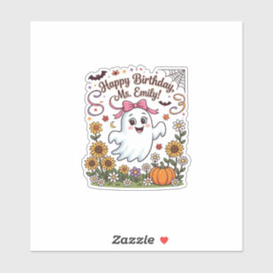 Adesivo Feliz Aniversário Sra Emily Fantasma de Halloween