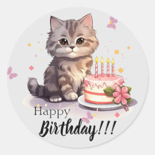 Adesivo Feliz aniversário, Sticker com gatinho e bolo boni