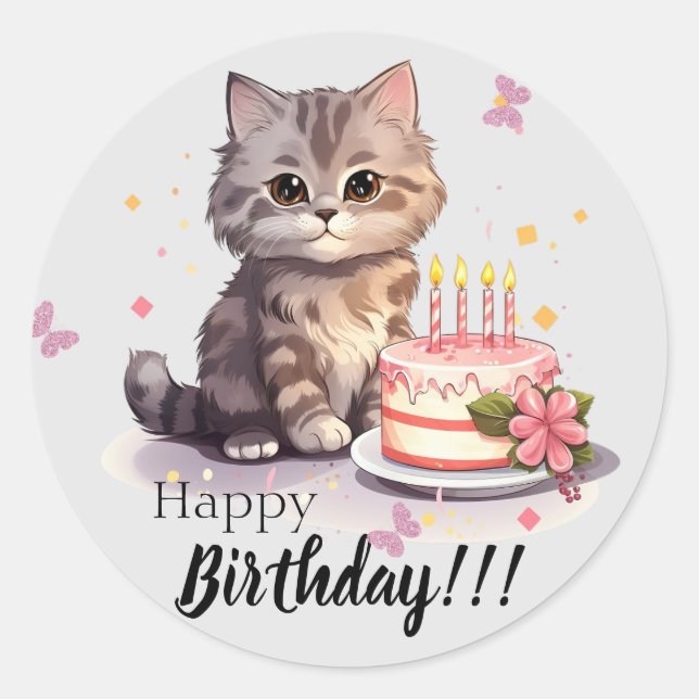 Adesivo Feliz aniversário, Sticker com gatinho e bolo boni (Frente)