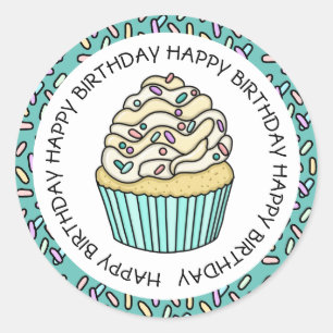Adesivo Feliz Aniversário Teal e Vanilla Cupcake  