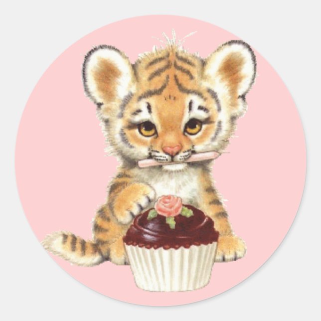Adesivo Feliz Aniversário - Tigre Bonito com Cupcake (Frente)