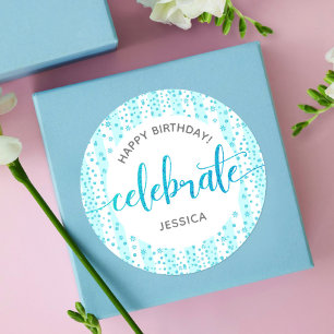 Adesivo Feliz Aniversário Turquesa Glitter White Strips