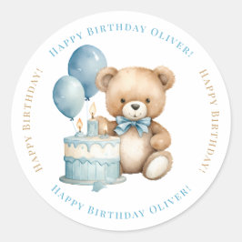 Adesivo Feliz Aniversário Ursinho de Aguarela e Bolo
