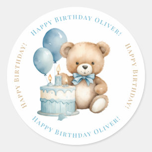 Adesivo Feliz Aniversário Ursinho de Aquarela e Bolo