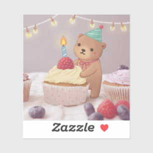 Adesivo Feliz Aniversário: Urso de Pelúcia & Cupcakes