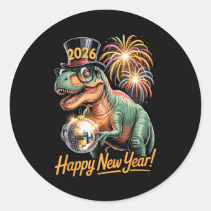 Adesivo Feliz Ano Novo 2026 Camiseta Dinossauro T-rex Dive