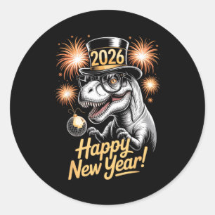 Adesivo Feliz Ano Novo 2026 Camiseta Dinossauro T-rex Engr