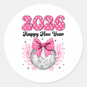 Adesivo Feliz Ano Novo 2026 Coquette Bow & Bola de Discote
