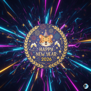 Adesivo Feliz Ano Novo 2026 Festa de Celebração do Tigre