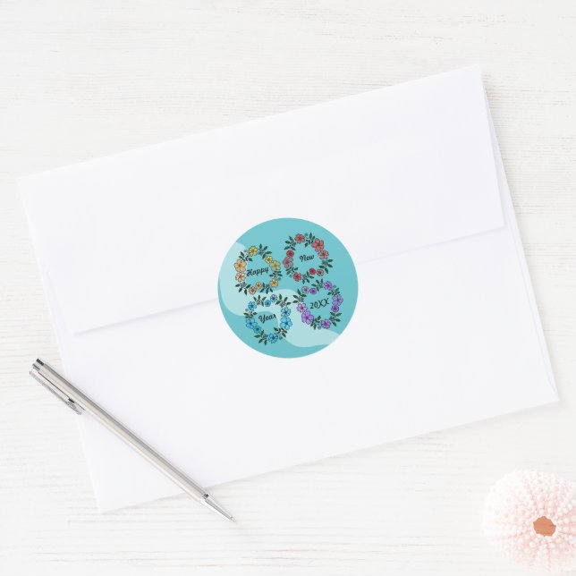 ADESIVO FELIZ ANO NOVO 20XX PERSONALIZADO E FLOWERS WREATH (Envelope)