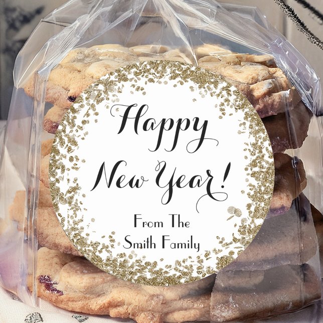 Adesivo Feliz ano novo Simples Dourado e Branco (Criador carregado)