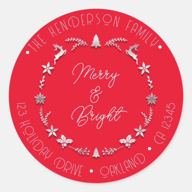 Adesivo Feliz Bright Family Address Deer Cinza Wreath Red (Frente)