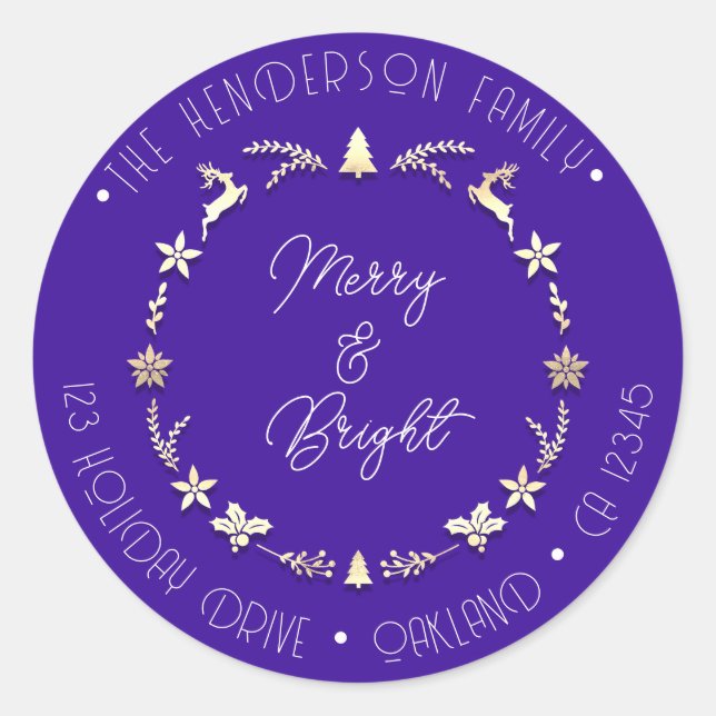 Adesivo Feliz Bright Family Address Deer Dourado Wreath Bl (Frente)