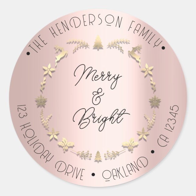 Adesivo Feliz Bright Family Address Wreath Dourada Rosa (Frente)