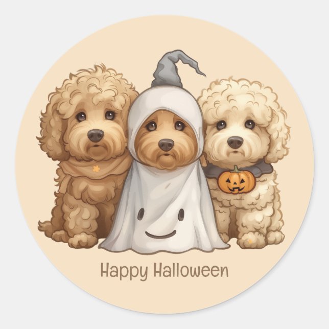 Adesivo Feliz Cachorro de Goldendoodle de Halloween (Frente)