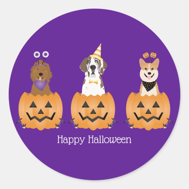 Adesivo Feliz Cachorros De Halloween Em Pumpkins (Frente)