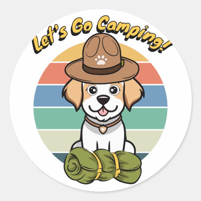 Adesivo Feliz cão Engraçado quer ir acampar (Frente)