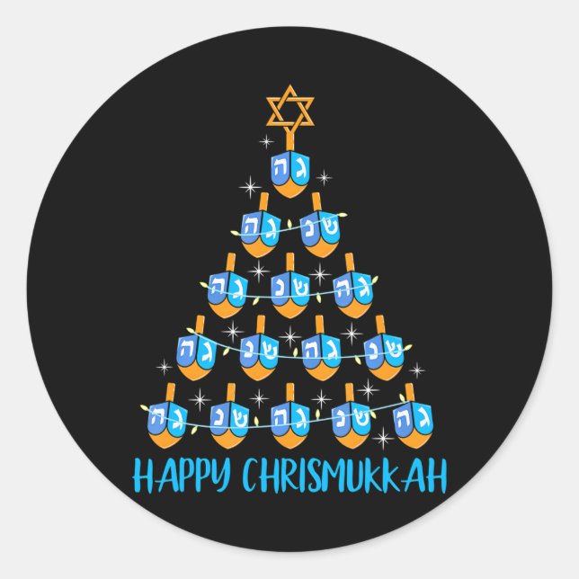 Adesivo Feliz Chrismukkah Dreidel Árvore de Natal Hanukkah (Frente)