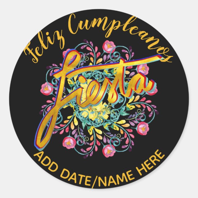 Adesivo Feliz Cumpleanos FIESTA Folk Flowers Personalizada (Frente)