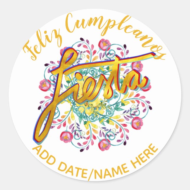 Adesivo Feliz Cumpleanos FIESTA Folk Flowers Personalizada (Frente)