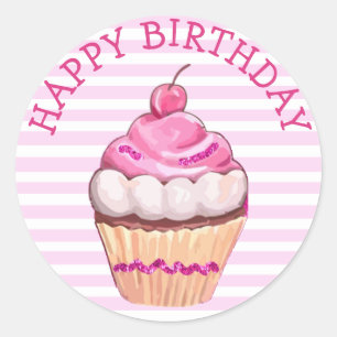 Adesivo Feliz Cupcake de Aniversário Pinheiros rosa e bra