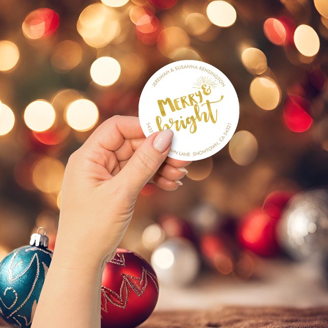 Adesivo Feliz de Natal Festiva Bright Gold Foil Endereço (Festive Christmas Merry Bright Gold Foil Address Classic Round Sticker)