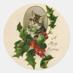Adesivo Feliz de Natal Holly Kitten Arte Antiquada