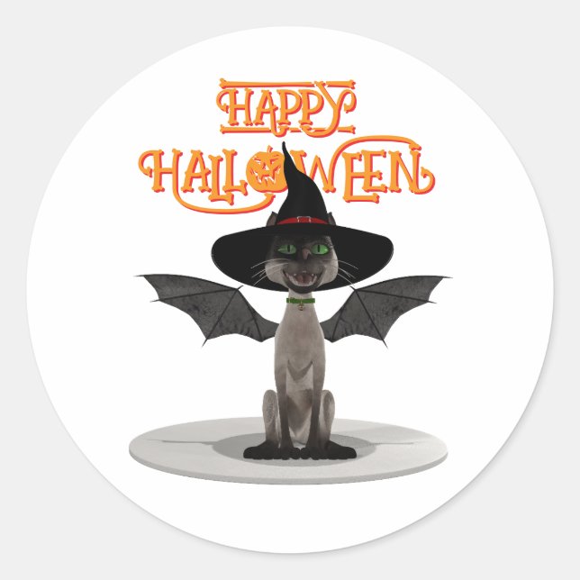 Adesivo Feliz Dia das Bruxas. Gato com asas e chapéu de br (Frente)