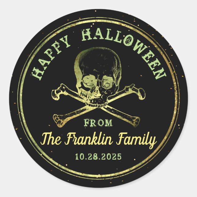 Adesivo Feliz Dia das Bruxas Gótico Preto e Dourado Caveir (Frente)