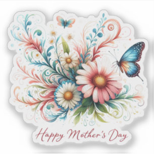 Adesivo Feliz Dia das Mães floral rosa e azul