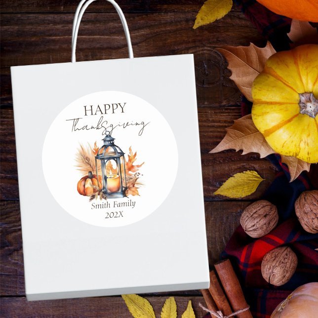Adesivo Feliz dia de Ação de Graças Boho Abóbora Lanterna  (Happy Thanksgiving favor gift stickers modern watercolor boho lantern pumpkin pampas grass)