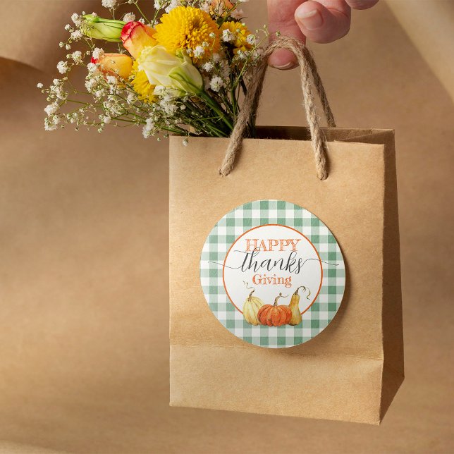 Adesivo Feliz Dia de Ação de Graças Checkloth Pumpkins (Criador carregado)